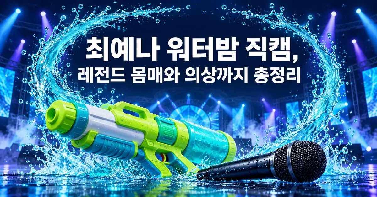 푸른 무대 조명과 물보라 속 물총과 마이크 위에 최예나 워터밤 직캠, 레전드 몸매와 의상까지 총정리라는 제목이 표시된 그래픽.