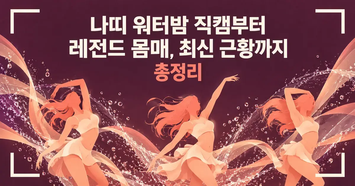 짙은 자주색 배경에 물보라와 추상적인 댄서 실루엣을 배치하고 나띠 워터밤 직캠부터 레전드 몸매, 최신 근황까지 총정리라는 제목을 넣은 그래픽.