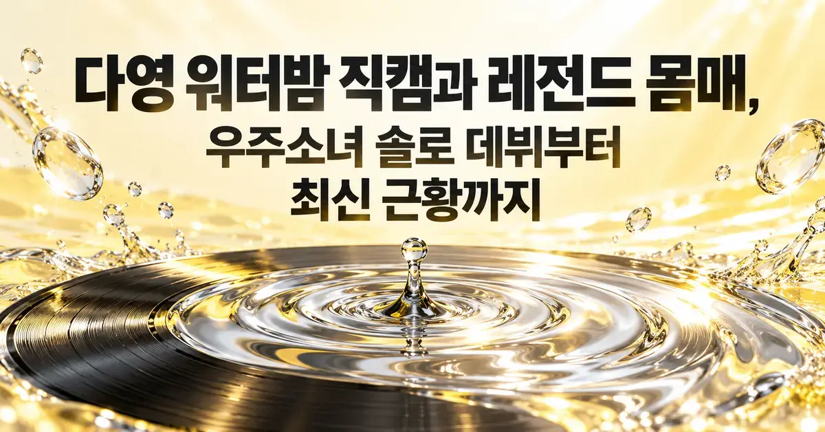 밝은 노란색 배경에 물결로 이어지는 검은 레코드와 물방울을 배치하고 다영 워터밤 직캠과 레전드 몸매, 우주소녀 솔로 데뷔부터 최신 근황까지라는 제목을 담은 그래픽.